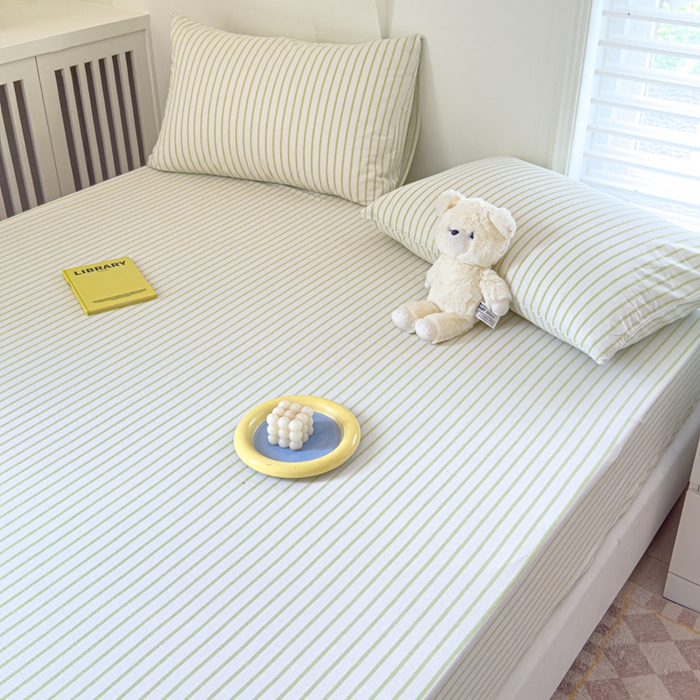 91家纺网 家纺一手货源 找家纺 金丝鸟家纺 2024新款A类全棉色织水洗棉床笠系列 果绿中条