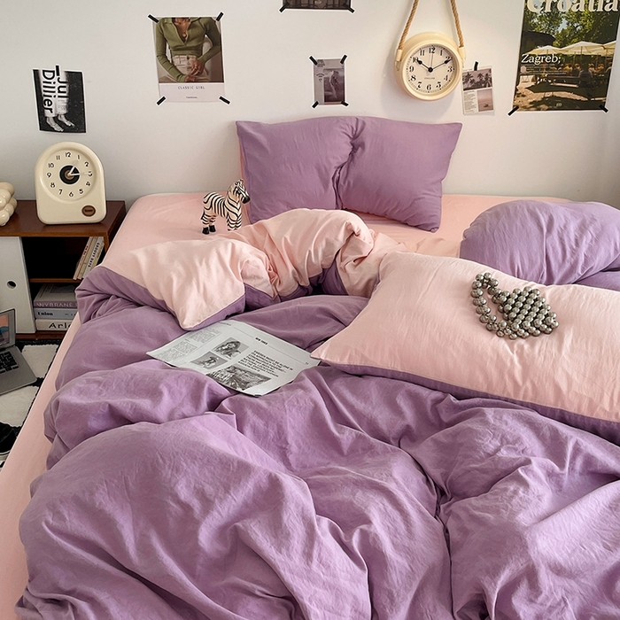 91家纺网 家纺一手货源 找家纺 卡迪熊家纺 2024新款ins风超柔褶皱亲肤磨毛水洗m四件套双拼系列-风格2 香芋粉