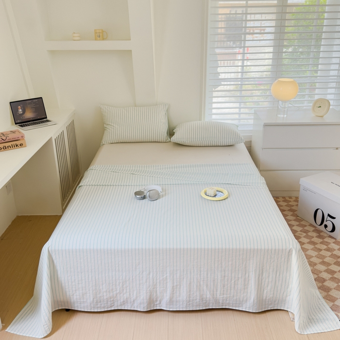 91家纺网 家纺一手货源 找家纺 金丝鸟家纺 2024新款A类全棉色织水洗棉单床单系列 浅绿中条