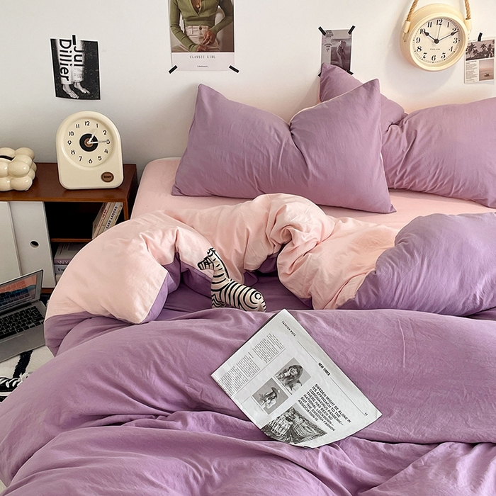 91家纺网 家纺一手货源 找家纺 卡迪熊家纺 2024新款ins风超柔褶皱亲肤磨毛水洗m四件套双拼系列-风格2 香芋粉