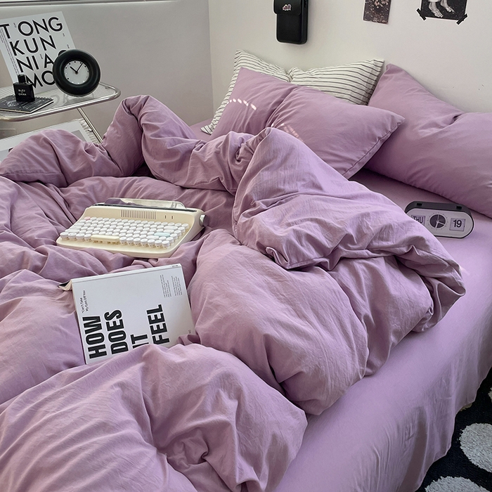 91家纺网 家纺一手货源 找家纺 卡迪熊家纺 2024新款ins风超柔褶皱亲肤磨毛水洗m四件套纯色系列-风格2 芋泥紫