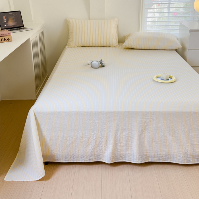 91家纺网 家纺一手货源 找家纺 金丝鸟家纺 2024新款A类全棉色织水洗棉单床单系列 黄色中条