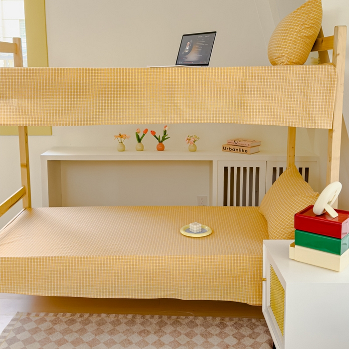 91家纺网 家纺一手货源 找家纺 金丝鸟家纺 2024新款A类全棉色织水洗棉单床单系列（学生床） 姜黄田格