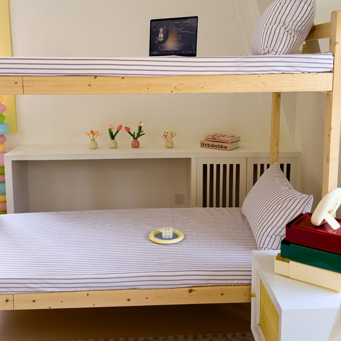 91家纺网 家纺一手货源 找家纺 金丝鸟家纺 2024新款A类全棉色织水洗棉单床笠系列（学生床） 烟紫中条