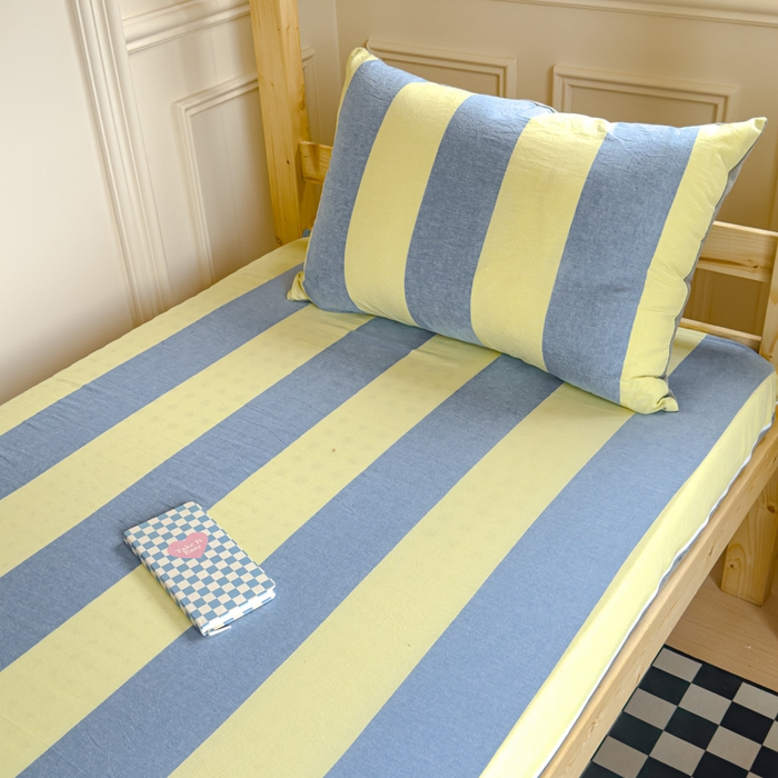 91家纺网 家纺一手货源 找家纺 金丝鸟家纺 2024新款全棉色织水洗棉水晶绒床垫套 黄蓝中条