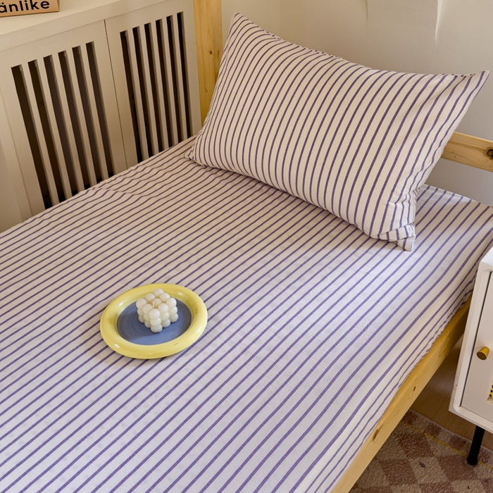 91家纺网 家纺一手货源 找家纺 金丝鸟家纺 2024新款A类全棉色织水洗棉单床笠系列（学生床） 烟紫中条