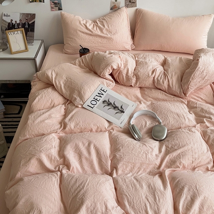 韩巢家纺 2024新款日式ins风超柔褶皱亲肤水洗棉四件套 -纯色系列（提供卖家秀） 水洗棉浅粉