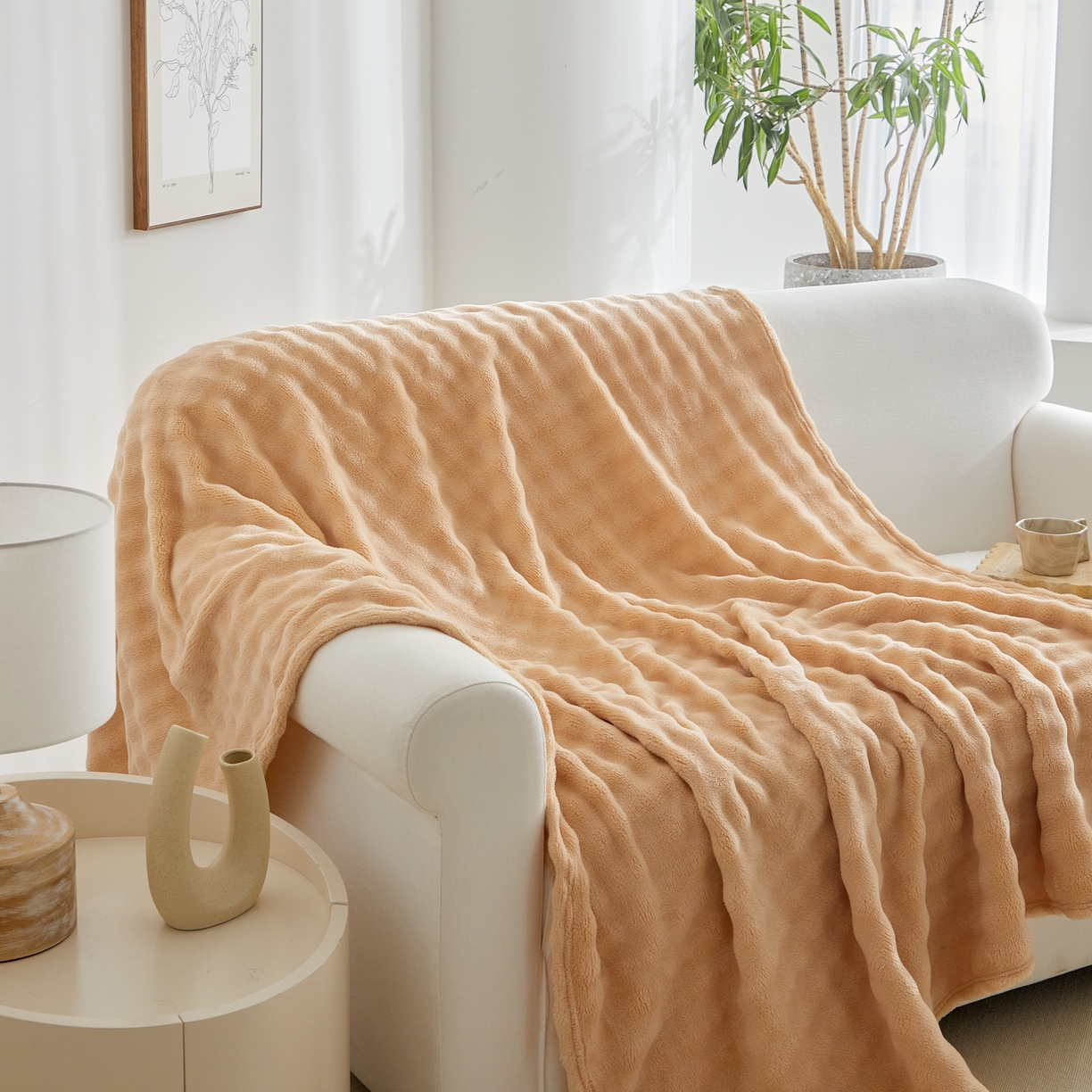 91家纺网 家纺一手货源 找家纺 巴木赫 2024新款法兰绒泡泡卷边毯子毛毯 驼色