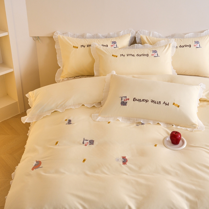 91家纺网 家纺一手货源 找家纺 梧桐家居 2024新款全棉磨毛刺绣四件套-糖果小猫 糖果小猫-黄