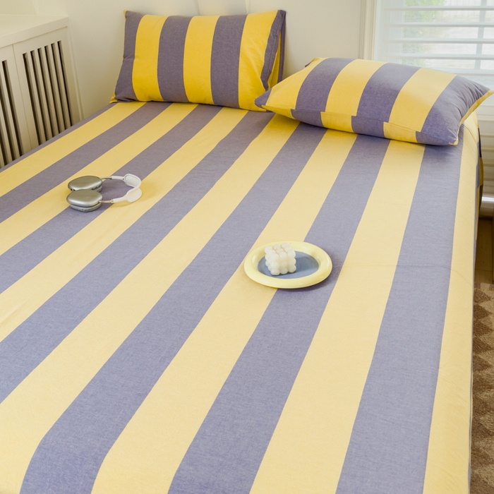 91家纺网 家纺一手货源 找家纺 金丝鸟家纺 2024新款A类全棉色织水洗棉单床单系列 黄紫大竖条