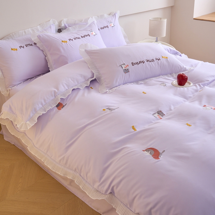 91家纺网 家纺一手货源 找家纺 梧桐家居 2024新款全棉磨毛刺绣四件套-糖果小猫 糖果小猫-紫