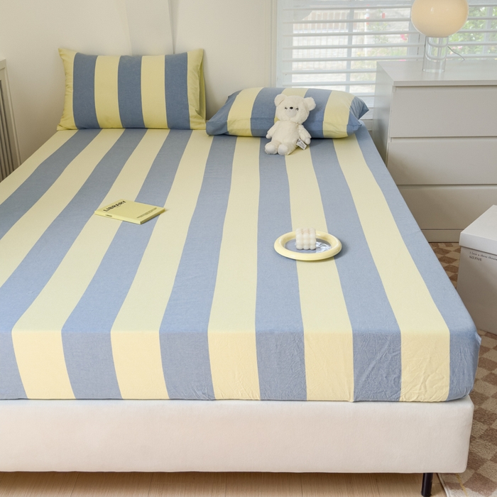 91家纺网 家纺一手货源 找家纺 金丝鸟家纺 2024新款A类全棉色织水洗棉床笠系列 黄蓝大竖条