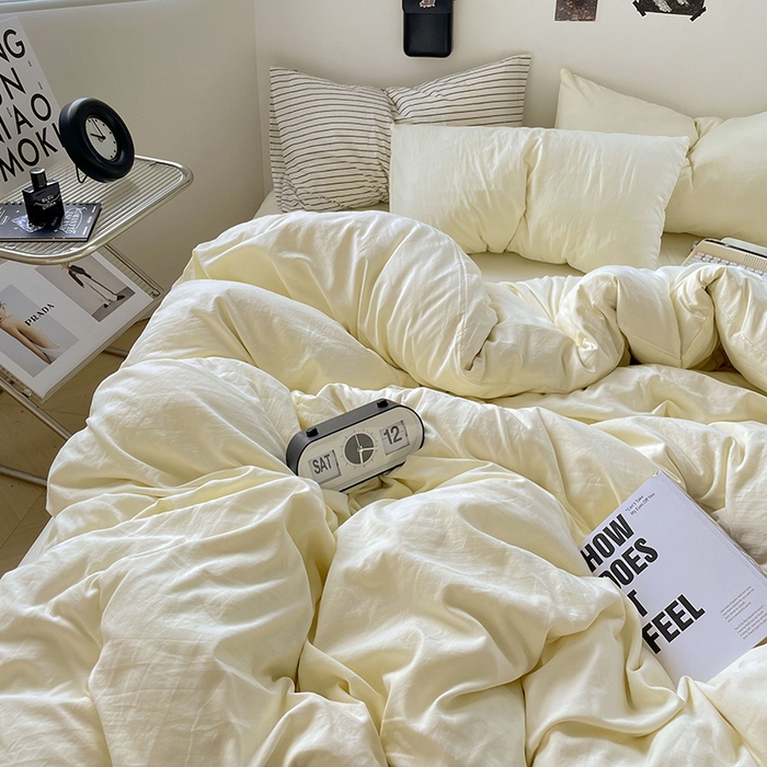 91家纺网 家纺一手货源 找家纺 卡迪熊家纺 2024新款ins风超柔褶皱亲肤磨毛水洗m四件套纯色系列-风格2 柠檬黄