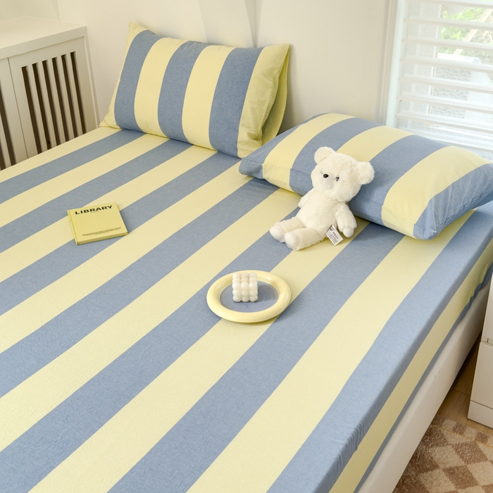 91家纺网 家纺一手货源 找家纺 金丝鸟家纺 2024新款A类全棉色织水洗棉床笠系列 黄蓝大竖条