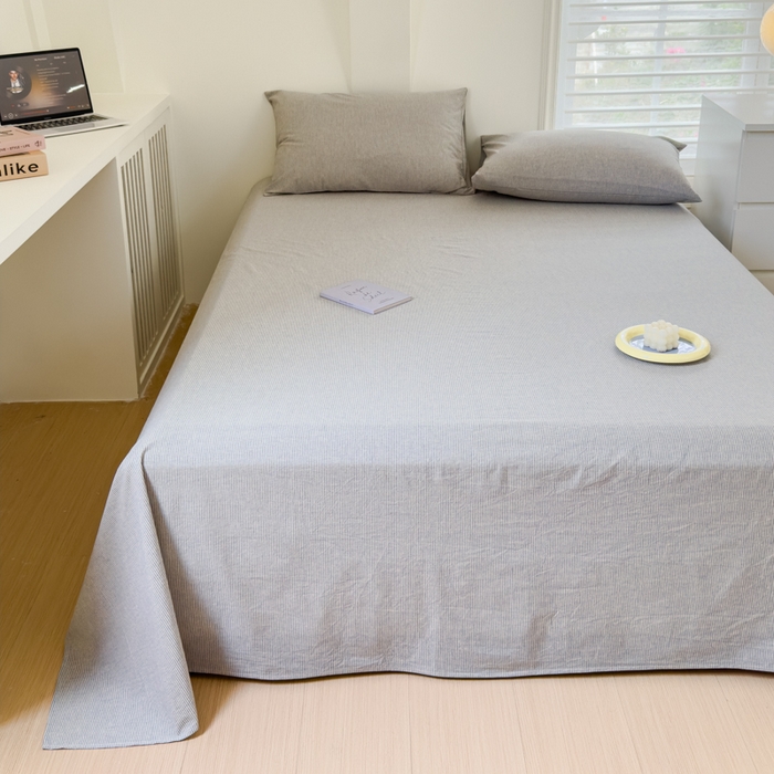 91家纺网 家纺一手货源 找家纺 金丝鸟家纺 2024新款A类全棉色织水洗棉单床单系列 灰细条