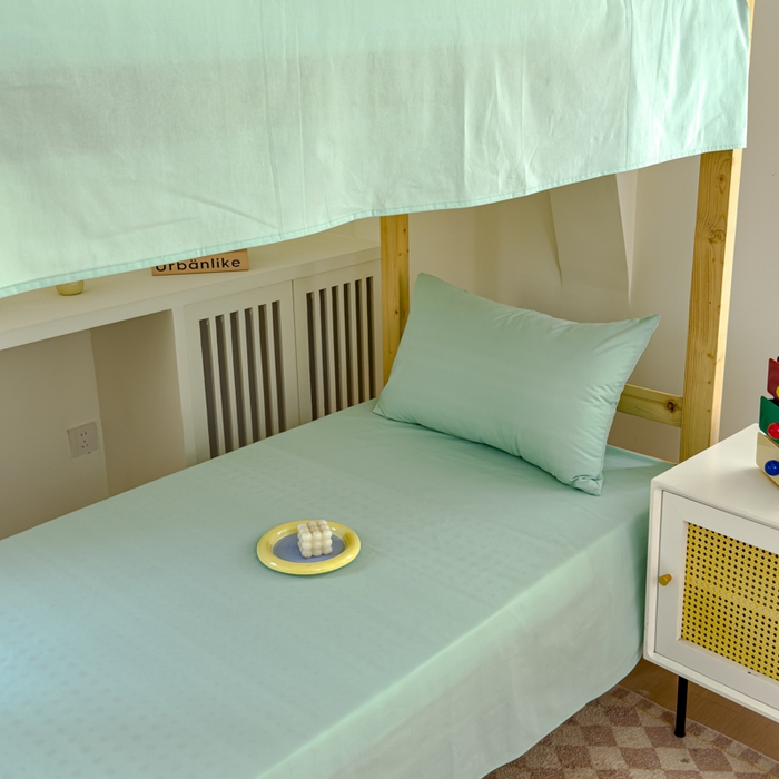 91家纺网 家纺一手货源 找家纺 金丝鸟家纺 2024新款A类全棉色织水洗棉单床单系列（学生床） 果绿