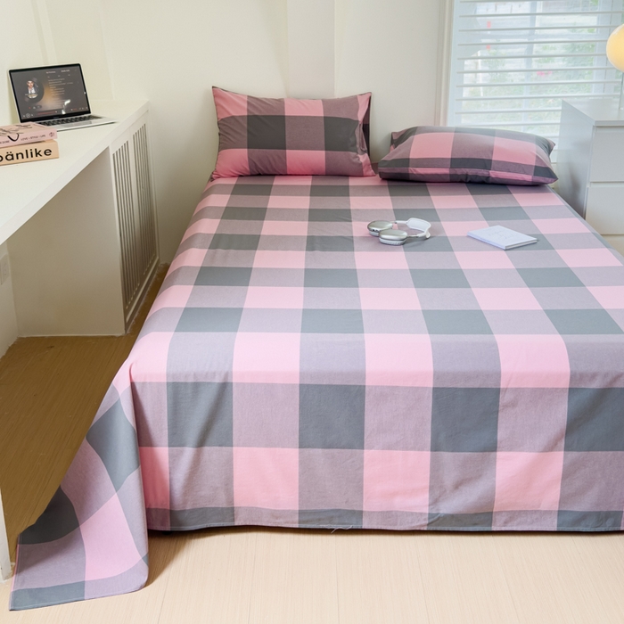 91家纺网 家纺一手货源 找家纺 金丝鸟家纺 2024新款A类全棉色织水洗棉单床单系列 粉大格