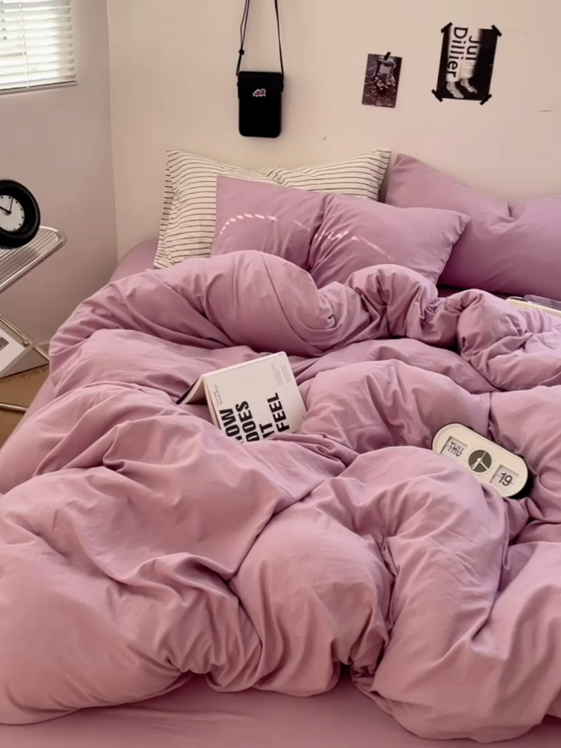 91家纺网 家纺一手货源 找家纺 卡迪熊家纺 2024新款ins风超柔褶皱亲肤磨毛水洗m四件套纯色系列-风格2 芋泥紫