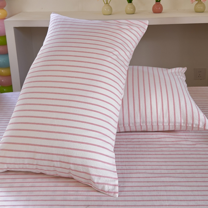 91家纺网 家纺一手货源 找家纺 金丝鸟家纺 2024新款A类全棉色织水洗棉单床笠系列（学生床） 桃粉中条