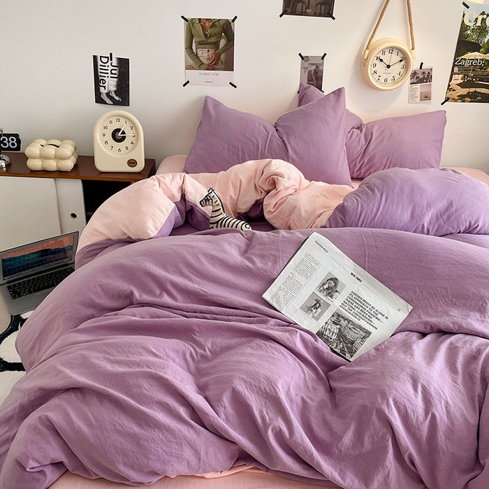 91家纺网 家纺一手货源 找家纺 卡迪熊家纺 2024新款ins风超柔褶皱亲肤磨毛水洗m四件套双拼系列-风格2 香芋粉