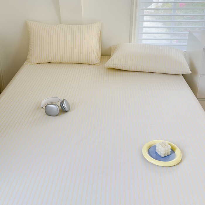 91家纺网 家纺一手货源 找家纺 金丝鸟家纺 2024新款A类全棉色织水洗棉单床单系列 黄色中条