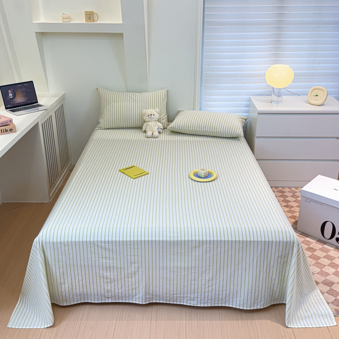 91家纺网 家纺一手货源 找家纺 金丝鸟家纺 2024新款A类全棉色织水洗棉单床单系列 果绿中条