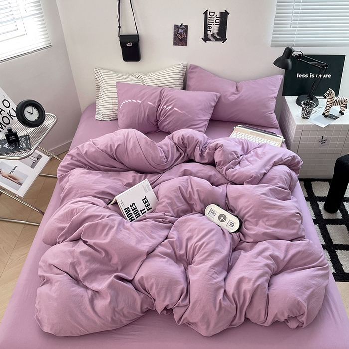 91家纺网 家纺一手货源 找家纺 卡迪熊家纺 2024新款ins风超柔褶皱亲肤磨毛水洗m四件套纯色系列-风格2 芋泥紫