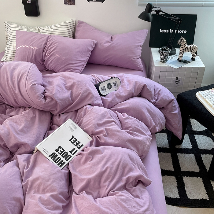 91家纺网 家纺一手货源 找家纺 卡迪熊家纺 2024新款ins风超柔褶皱亲肤磨毛水洗m四件套纯色系列-风格2 芋泥紫
