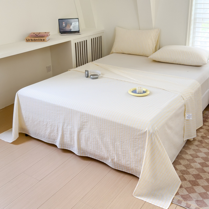 91家纺网 家纺一手货源 找家纺 金丝鸟家纺 2024新款A类全棉色织水洗棉单床单系列 黄色中条