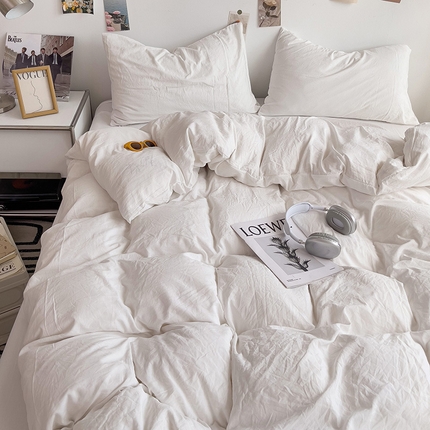 韩巢家纺 2024新款日式ins风超柔褶皱亲肤水洗棉四件套 -纯色系列（提供卖家秀） 水洗棉奶白