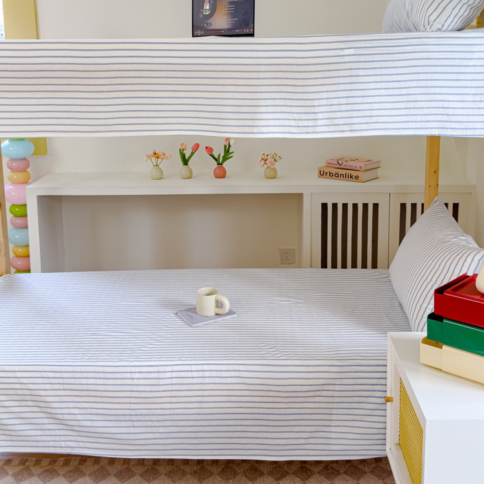 91家纺网 家纺一手货源 找家纺 金丝鸟家纺 2024新款A类全棉色织水洗棉单床单系列（学生床） 蓝色中条