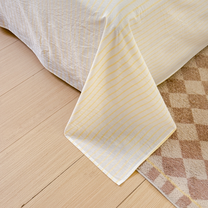 91家纺网 家纺一手货源 找家纺 金丝鸟家纺 2024新款A类全棉色织水洗棉单床单系列 黄色中条