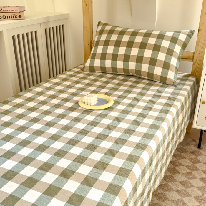 91家纺网 家纺一手货源 找家纺 金丝鸟家纺 2024新款A类全棉色织水洗棉单床单系列（学生床） 绿中格