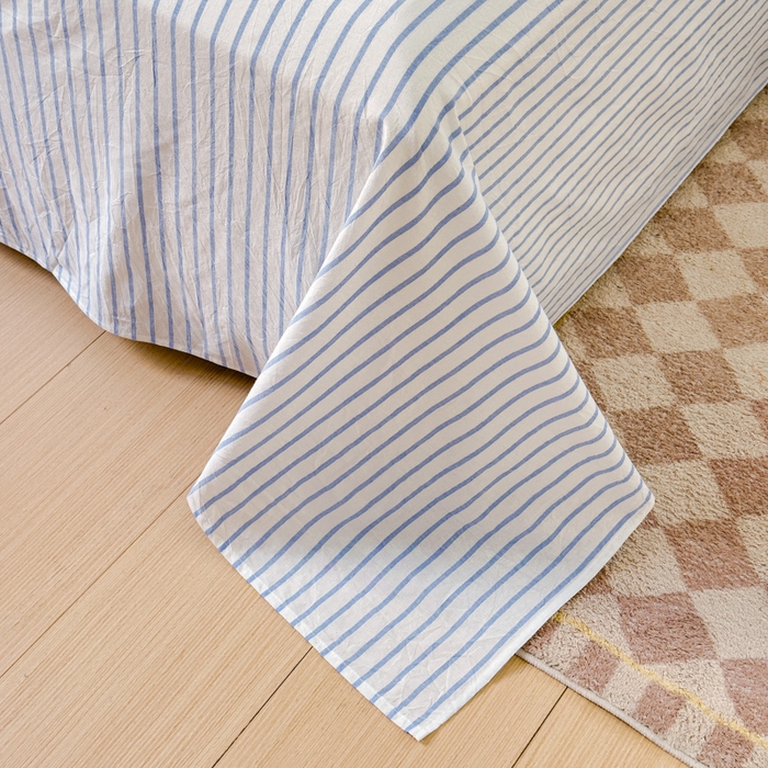 91家纺网 家纺一手货源 找家纺 金丝鸟家纺 2024新款A类全棉色织水洗棉单床单系列 蓝色中条