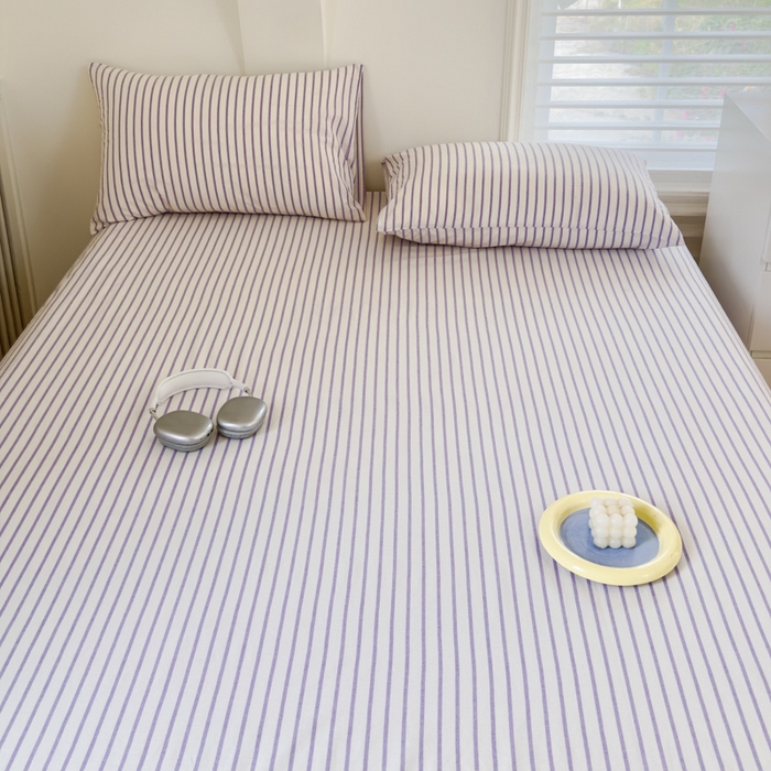 91家纺网 家纺一手货源 找家纺 金丝鸟家纺 2024新款A类全棉色织水洗棉单床单系列 烟紫中条