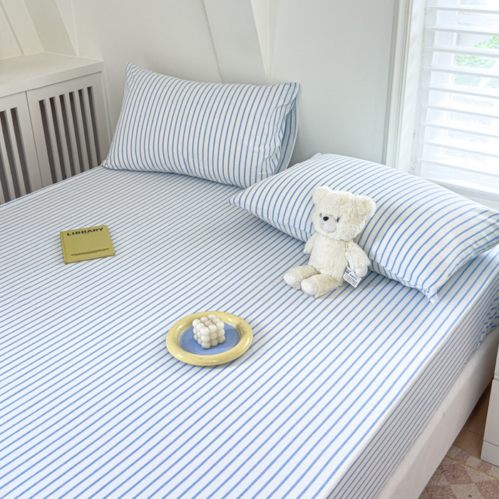 91家纺网 家纺一手货源 找家纺 金丝鸟家纺 2024新款A类全棉色织水洗棉床笠系列 蓝中条