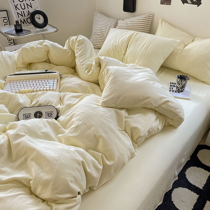 91家纺网 家纺一手货源 找家纺 卡迪熊家纺 2024新款ins风超柔褶皱亲肤磨毛水洗m四件套纯色系列-风格2 柠檬黄