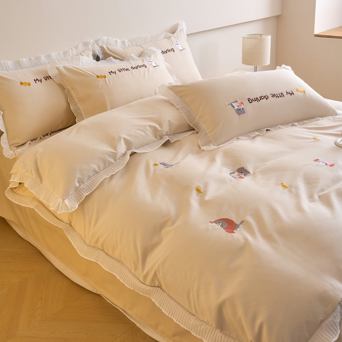 91家纺网 家纺一手货源 找家纺 梧桐家居 2024新款全棉磨毛刺绣四件套-糖果小猫 糖果小猫-米白