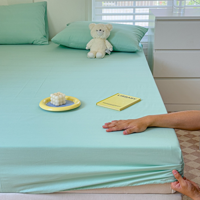 91家纺网 家纺一手货源 找家纺 金丝鸟家纺 2024新款A类全棉色织水洗棉床笠系列 果绿