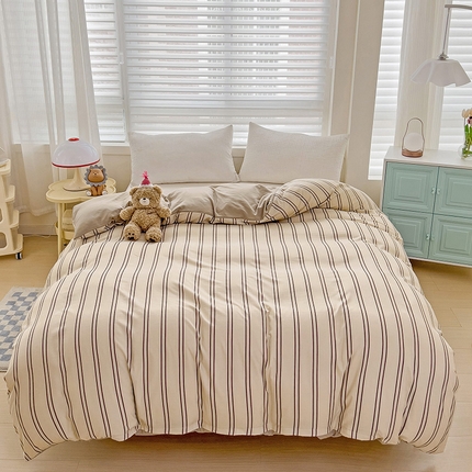 91家纺网 家纺一手货源 找家纺  赫然 2026新款水洗双层纱单品被套 浅咖竖条