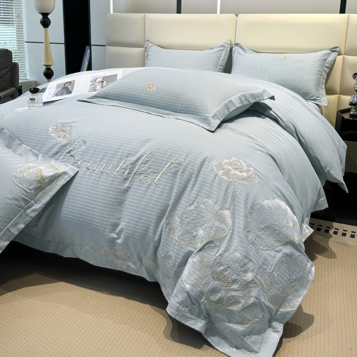 91家纺网 家纺一手货源 找家纺 梧桐家居 2024新款全棉四件套-银杏系列 银杏-天空蓝