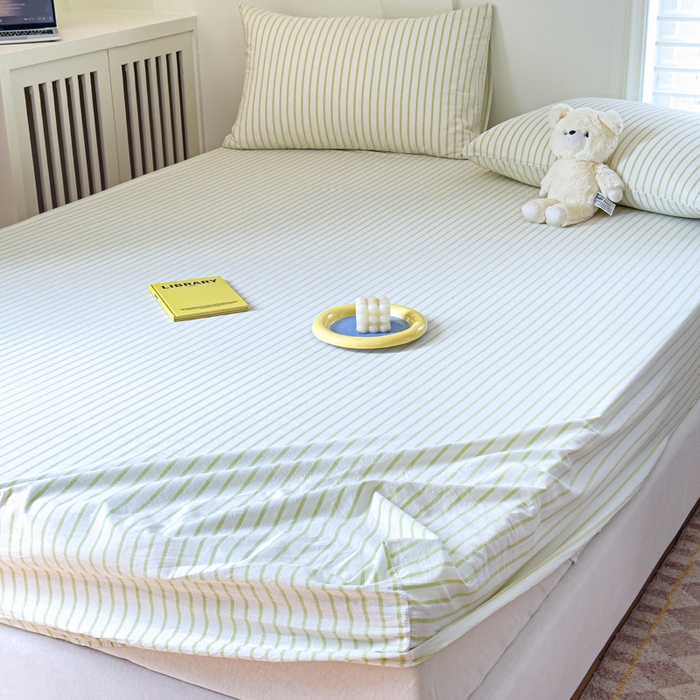 91家纺网 家纺一手货源 找家纺 金丝鸟家纺 2024新款A类全棉色织水洗棉床笠系列 果绿中条