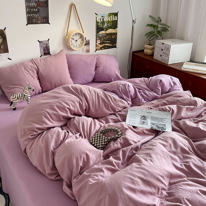 91家纺网 家纺一手货源 找家纺 卡迪熊家纺 2024新款ins风超柔褶皱亲肤磨毛水洗m四件套双拼系列-风格2 深紫浅紫