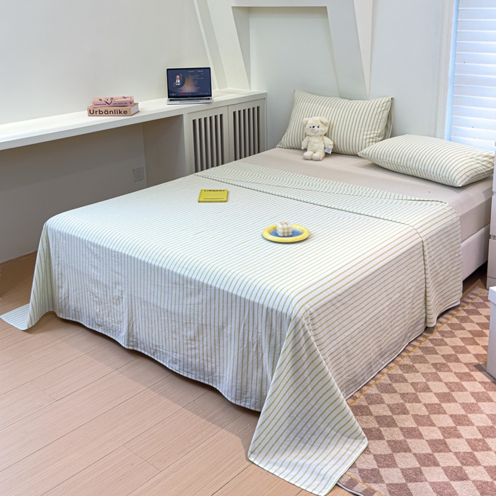 91家纺网 家纺一手货源 找家纺 金丝鸟家纺 2024新款A类全棉色织水洗棉单床单系列 果绿中条