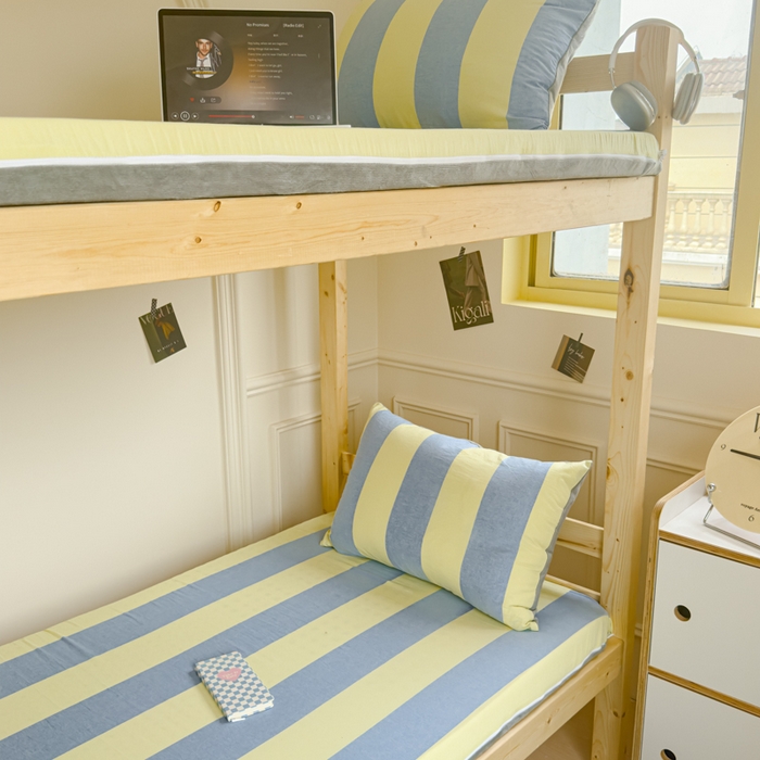 91家纺网 家纺一手货源 找家纺 金丝鸟家纺 2024新款全棉色织水洗棉水晶绒床垫套 黄蓝中条