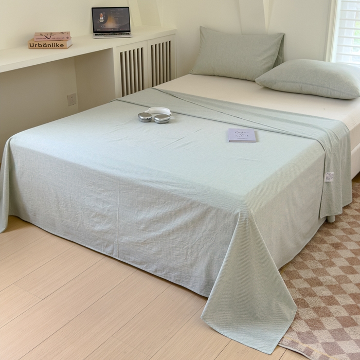 91家纺网 家纺一手货源 找家纺 金丝鸟家纺 2024新款A类全棉色织水洗棉单床单系列 绿细条