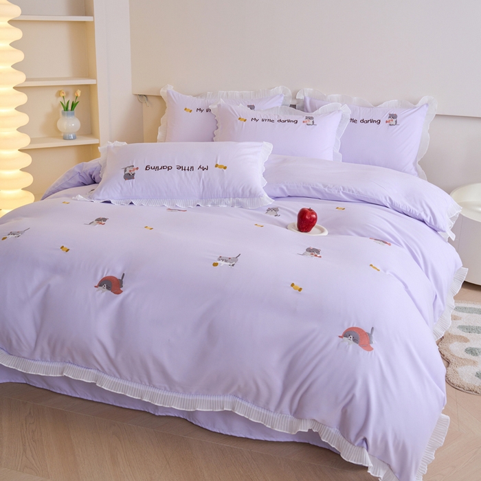 91家纺网 家纺一手货源 找家纺 梧桐家居 2024新款全棉磨毛刺绣四件套-糖果小猫 糖果小猫-紫