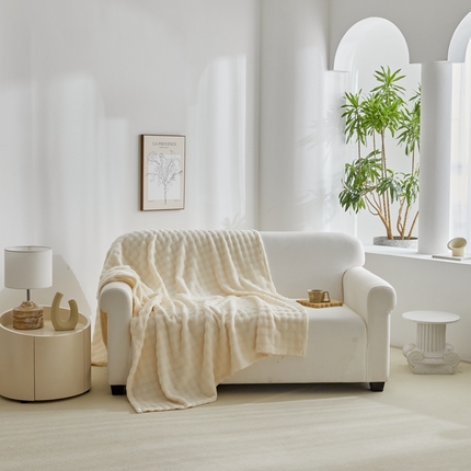 巴木赫 2024新款法兰绒泡泡卷边毯子毛毯 米白