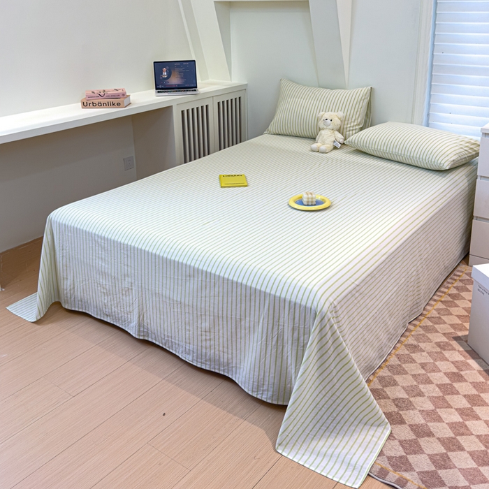 91家纺网 家纺一手货源 找家纺 金丝鸟家纺 2024新款A类全棉色织水洗棉单床单系列 果绿中条