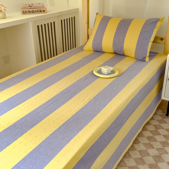 91家纺网 家纺一手货源 找家纺 金丝鸟家纺 2024新款A类全棉色织水洗棉单床单系列（学生床） 黄紫大竖条